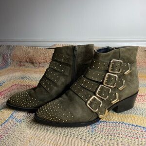 Studded Ankle Boots Olive Suede Size 7.5 EU 30 Chloe Style
